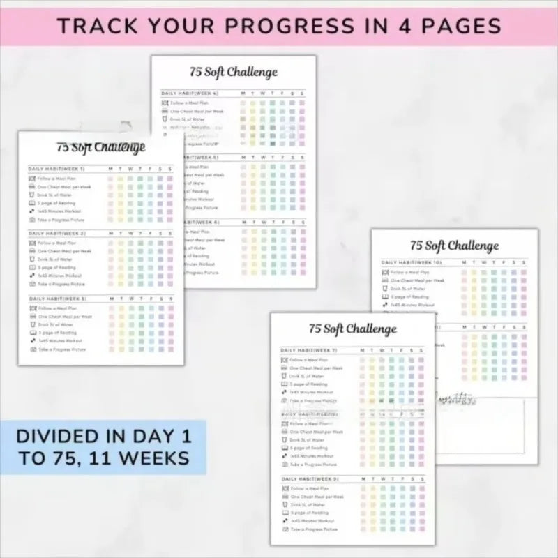A set of four pages for a 75 Soft Challenge planner notebook with daily tracking grids and progress features.