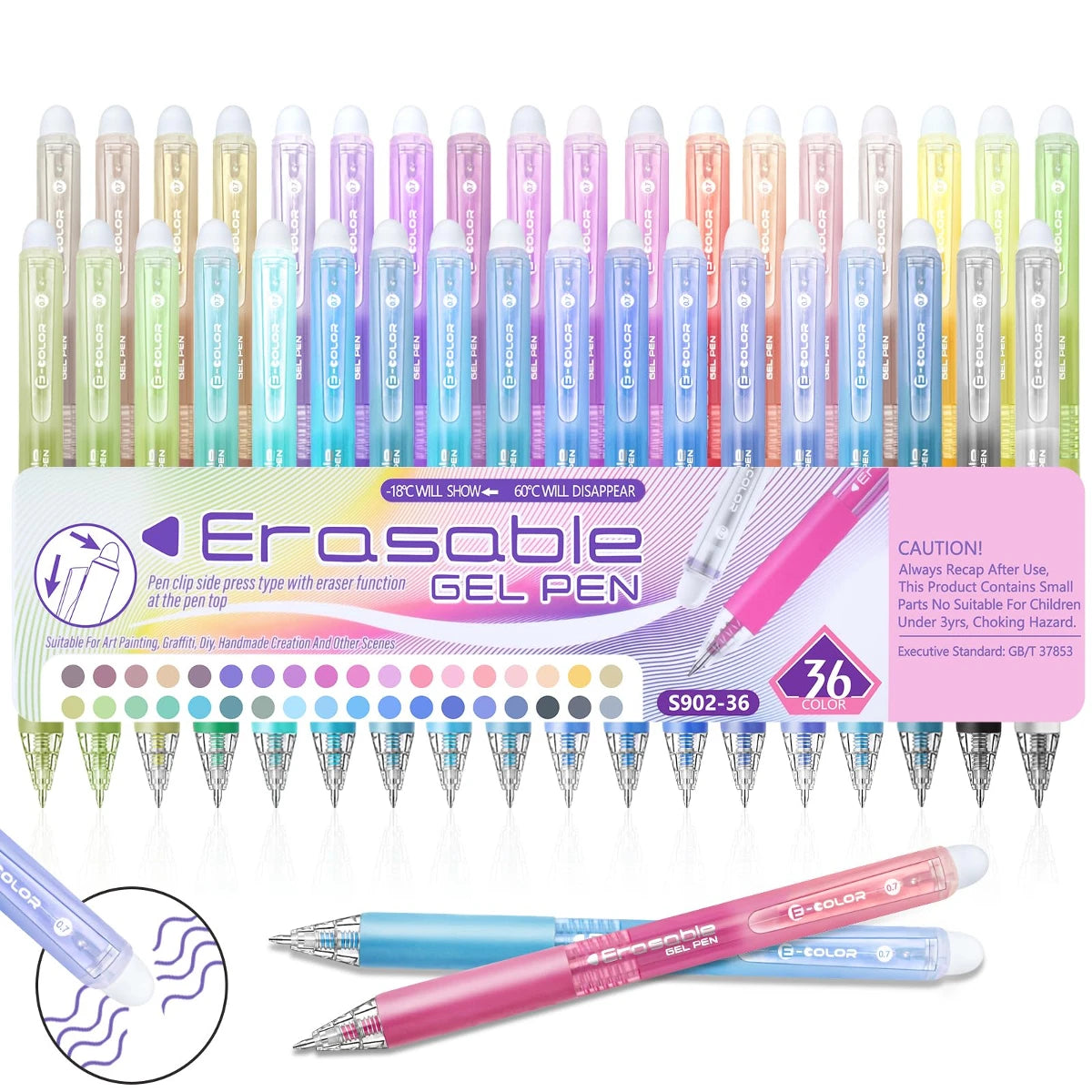 A collection of Erasable Gel Pens in various colors and shades displayed in a row.