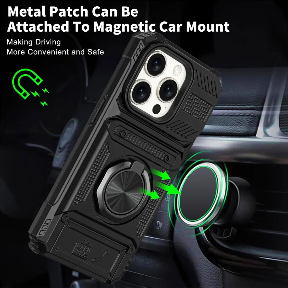 A black metal patch phone case is shown attached to a magnetic car mount.