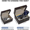 An open black case for an RFID blocking Faraday key fob protector, showing size options and fit details.