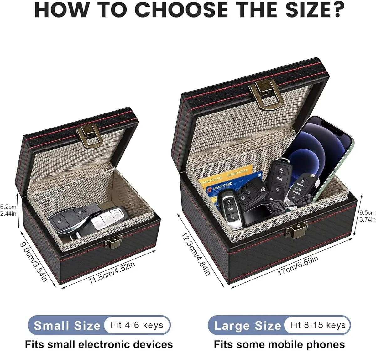 An open black case for an RFID blocking Faraday key fob protector, showing size options and fit details.