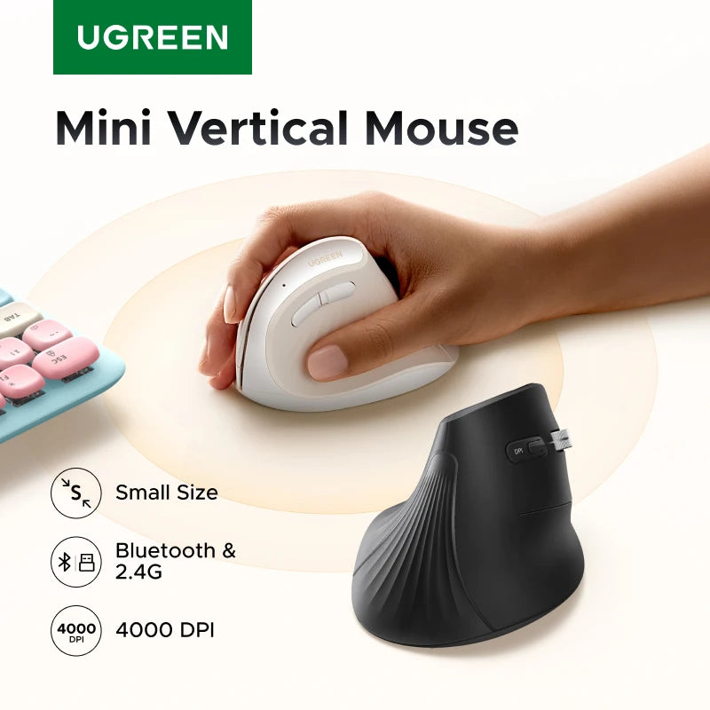 A hand is using a white mini vertical mouse, with a black version shown separately. The product is advertised as an ergonomic
