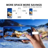 A hand holds a smartphone displaying a scenic landscape, next to a comparison showing storage capacity increases.