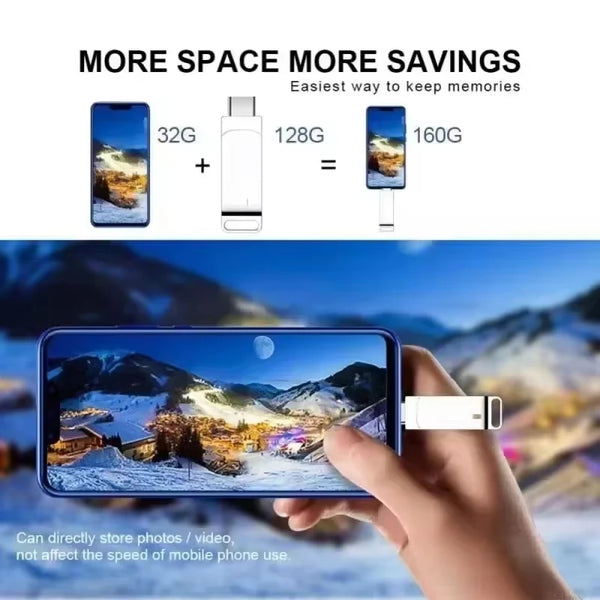 Une main tient un smartphone affichant un paysage, à côté d'une comparaison montrant l'augmentation de la capacité de stockag