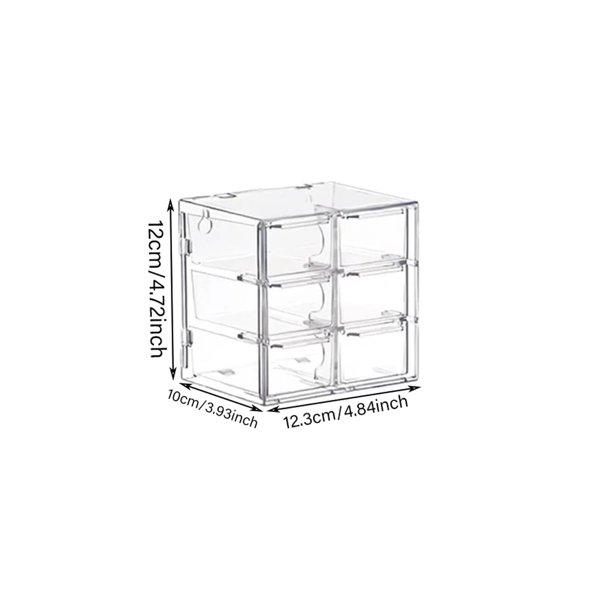 Clear acrylic bead storage box with stackable compartments, measuring 12cm by 10cm.