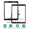 A display shows an iPad screen replacement featuring a home button and various quality features like HD, explosion-proof, smo