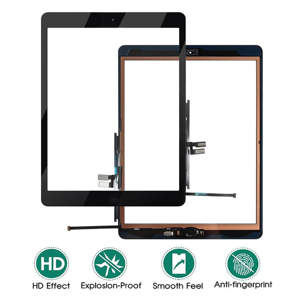 A display shows an iPad screen replacement featuring a home button and various quality features like HD, explosion-proof, smo