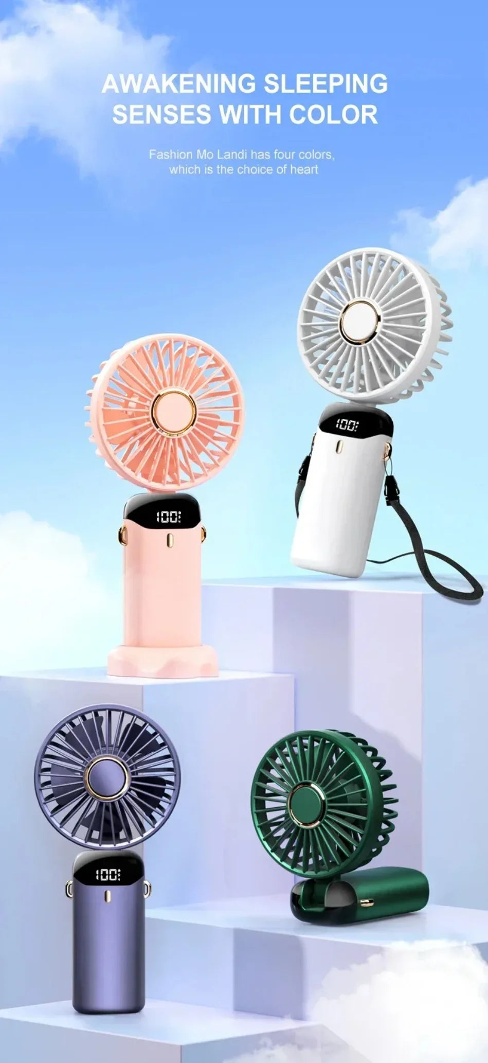 Cuatro mini ventiladores portátiles de colores exhibidos en pedestales blancos contra un cielo azul claro.