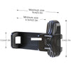 Black magnetic phone holder with a clamp design showing minimum and maximum size dimensions.