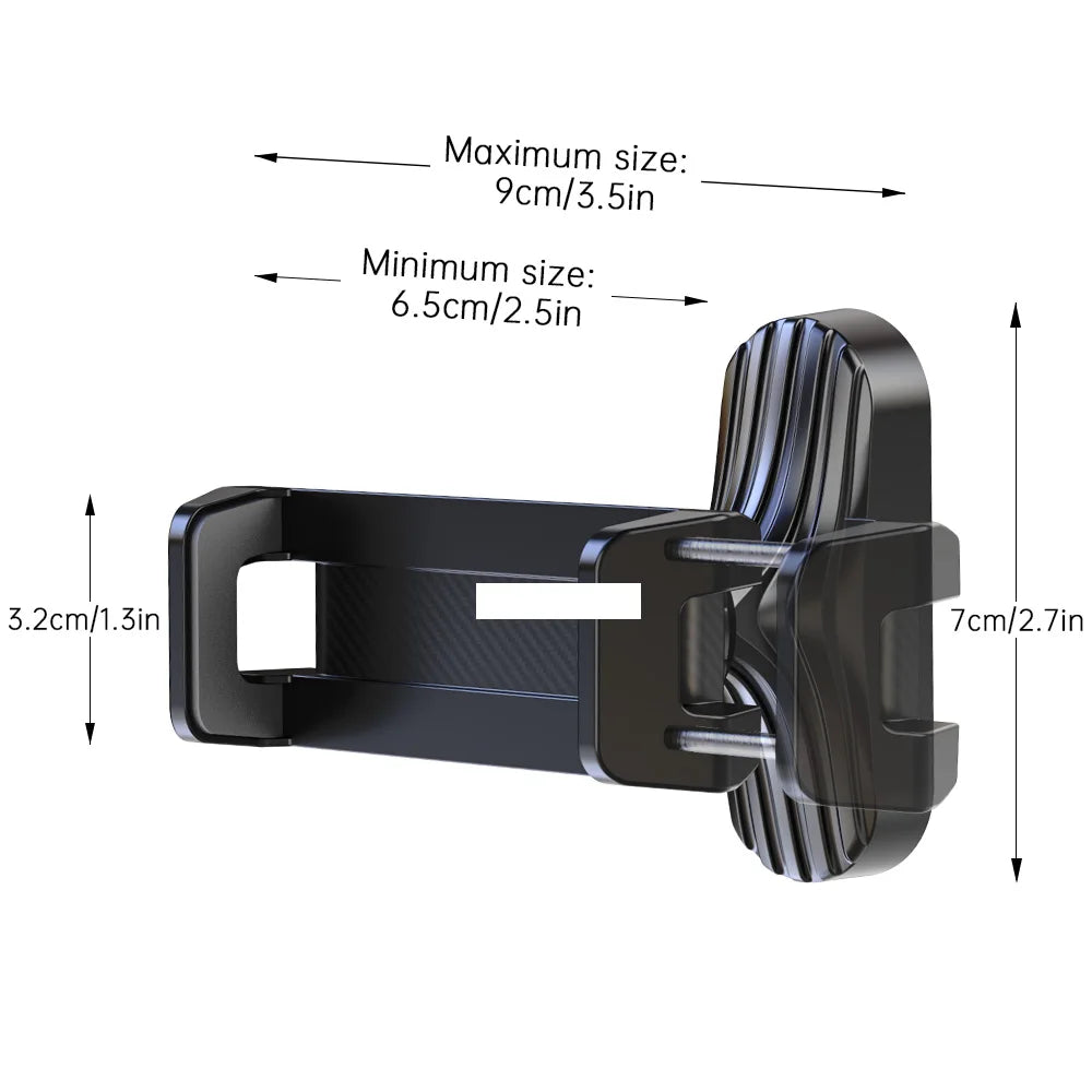 Black magnetic phone holder with a clamp design showing minimum and maximum size dimensions.