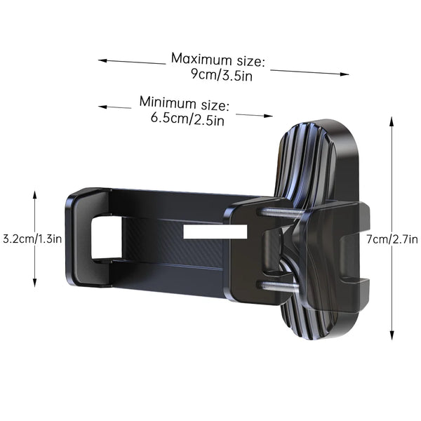 Black magnetic phone holder with a clamp design showing minimum and maximum size dimensions.