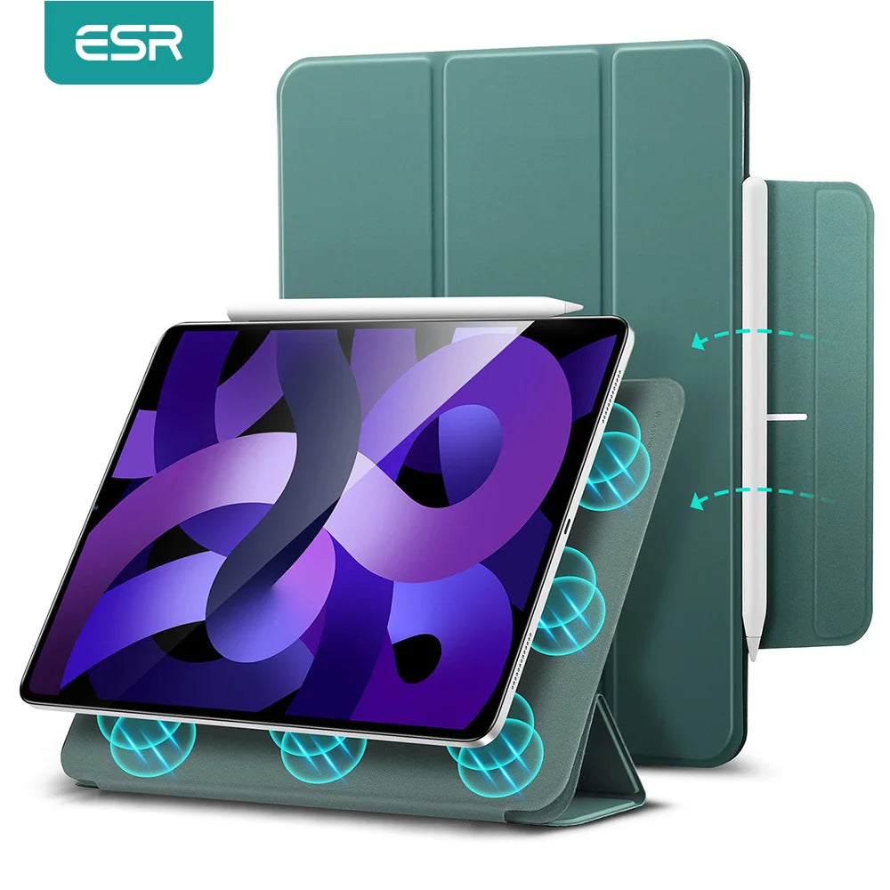 A green magnetic folio case for an iPad Pro or Air, shown with a white Apple Pencil inside.