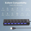 A black 7-port USB hub splitter with multiple ports and a connector cable.