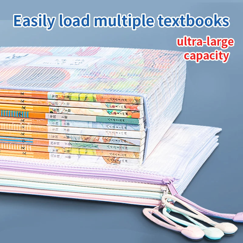 A stack of colorful textbooks is shown inside a clear mesh file organizer bag with a zipper.