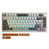 A white 82-key wireless mechanical keyboard with a full layout and purple keycaps is shown alongside separate keys.
