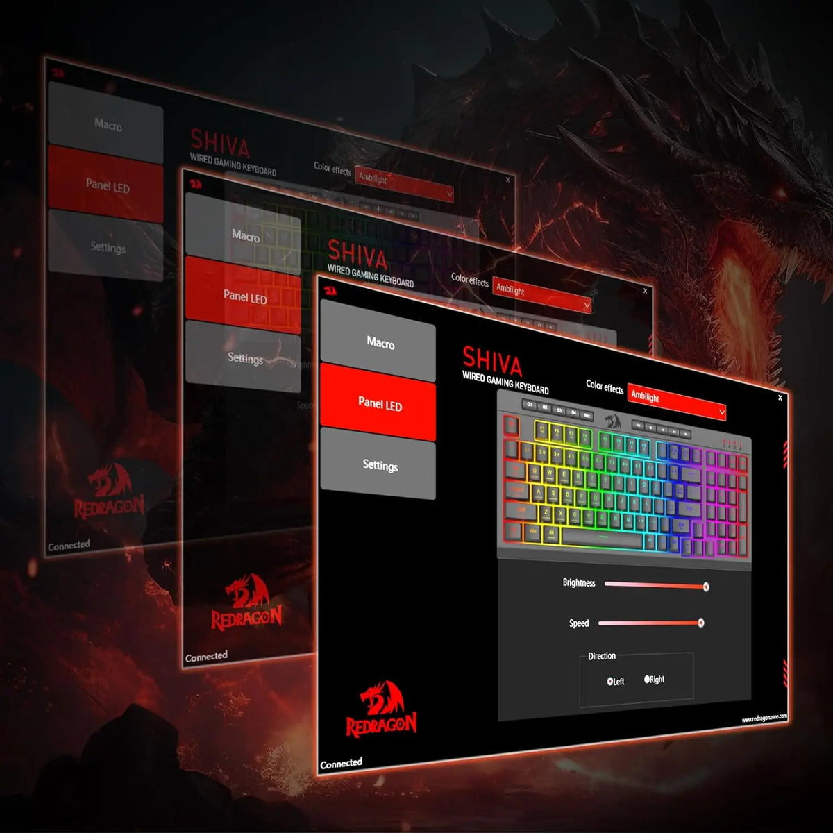 A close-up of a Redragon Shiva wired RGB membrane gaming keyboard with customizable panel LED lighting and settings displayed