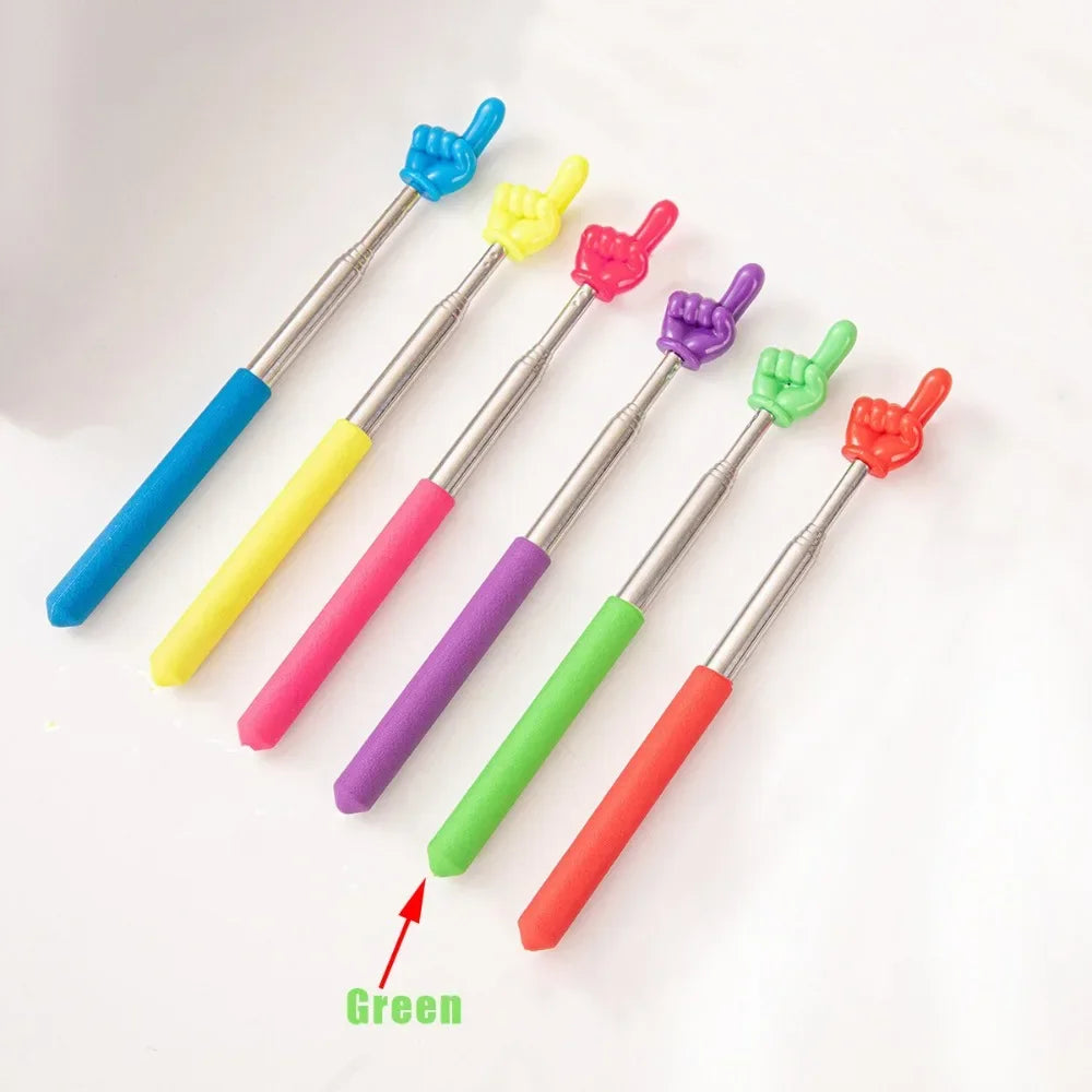 A set of colorful telescopic stainless steel teaching pointers with various colored tips.