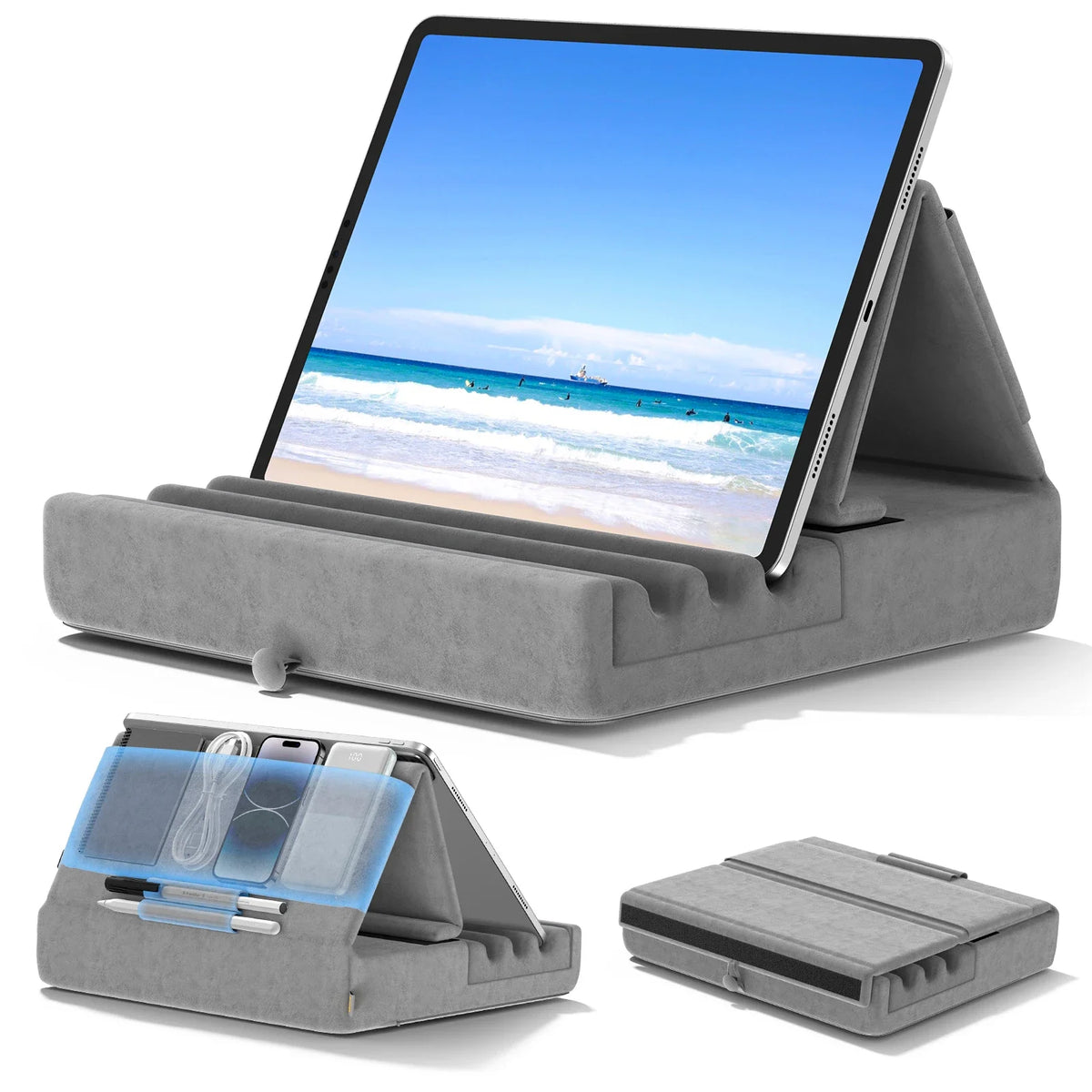 A foldable tablet pillow stand in gray, showing the tablet resting on a cushioned surface and an accompanying storage case.