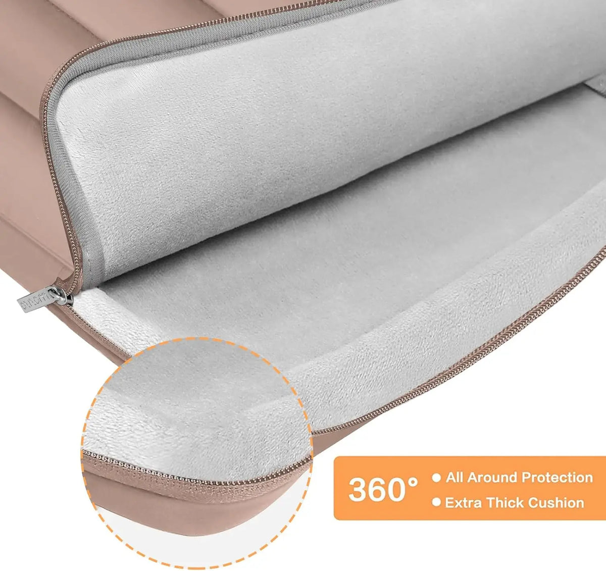 A close-up view of a light pink protective laptop sleeve bag showing its padded interior and zipper detail.