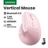 A pink vertical wireless mouse is shown next to its packaging and technical specifications.