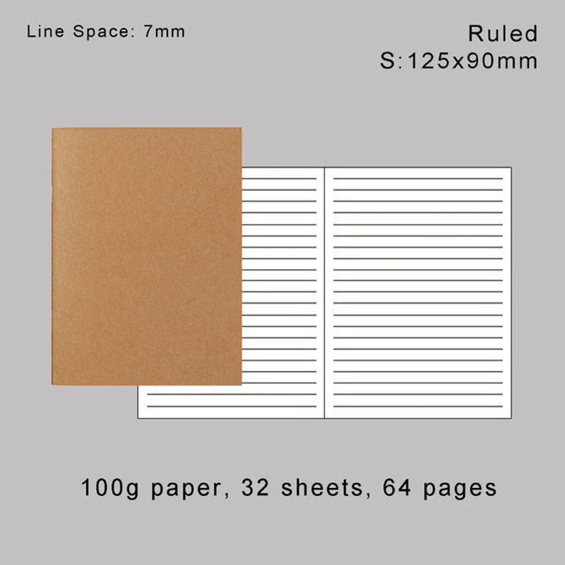 A brown, ruled notebook insert showing a page layout with horizontal lines.