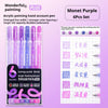 A set of six Monet Purple acrylic painting gel pens with corresponding color charts and writing tips