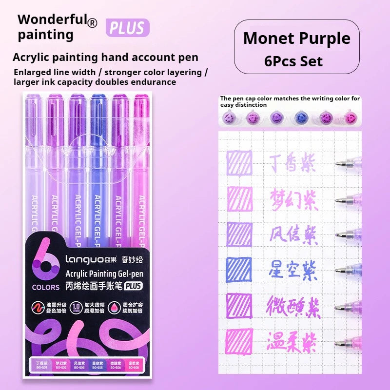 A set of six Monet Purple acrylic painting gel pens with corresponding color charts and writing tips
