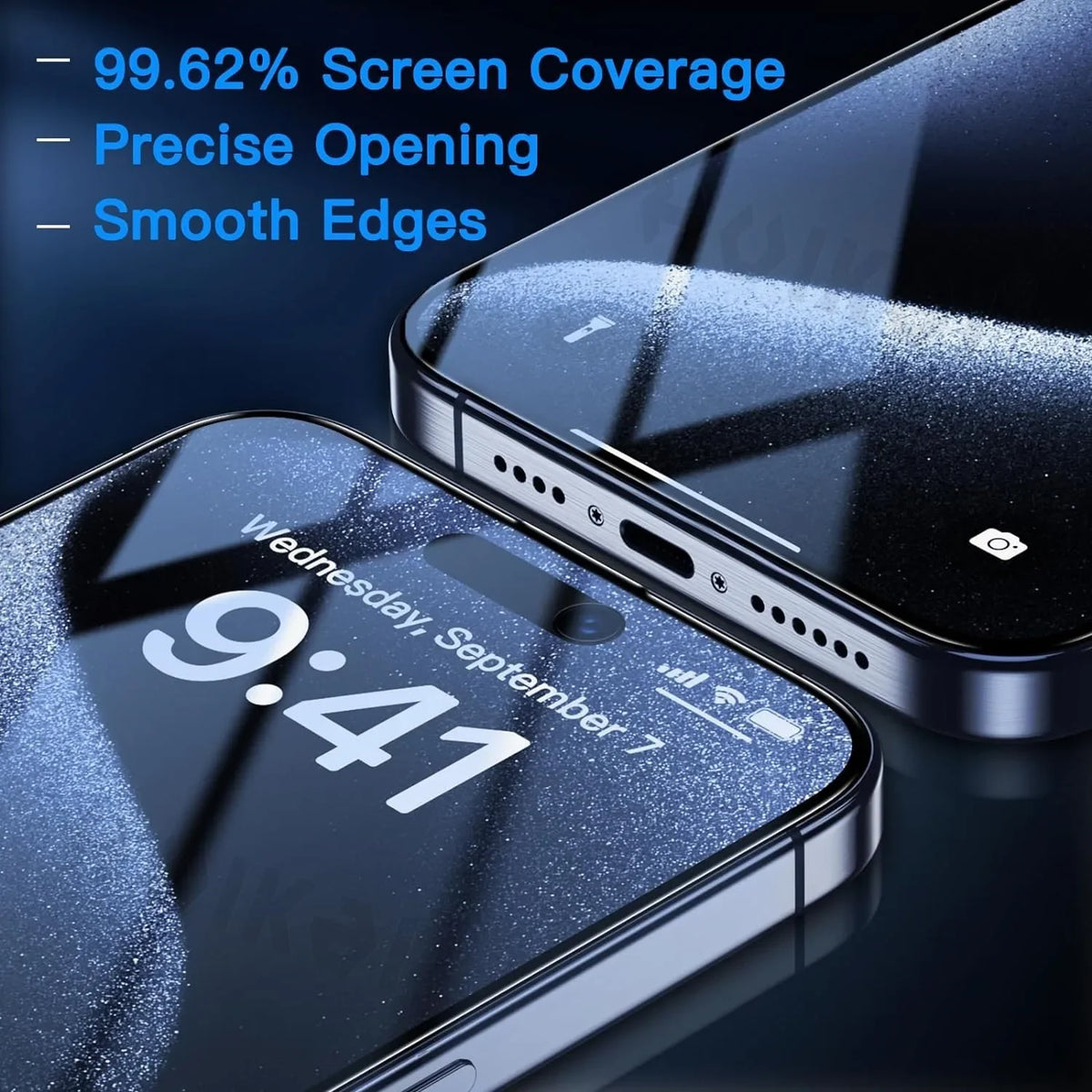 Paquete dual de protectores de pantalla de vidrio templado HD para iPhone, mostrando características como cobertura del 99.62