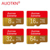 Three versions of AUOTKN Extreme memory cards showing storage capacities of 8GB, 16GB, and 32GB.