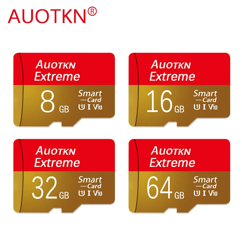 Three versions of AUOTKN Extreme memory cards showing storage capacities of 8GB, 16GB, and 32GB.