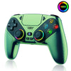 A green RGB wireless gaming controller shown from the top view with various buttons and a light indicator.