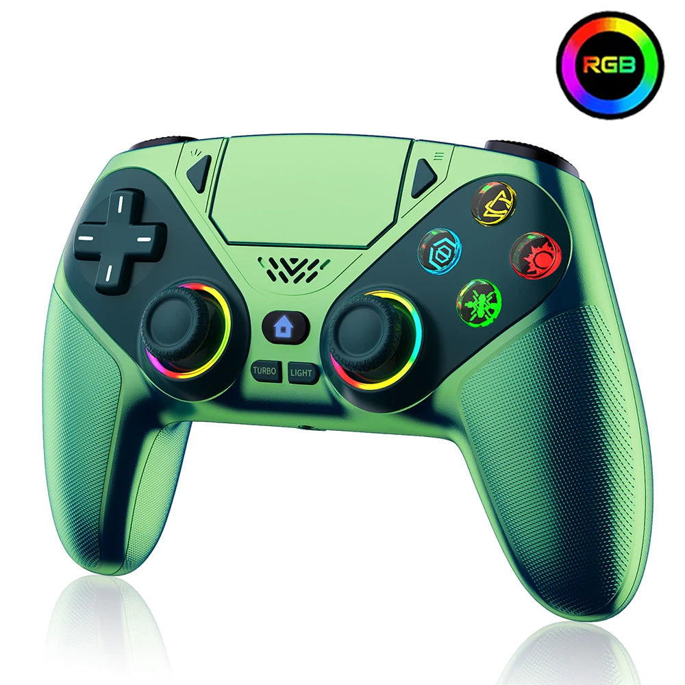 A green RGB wireless gaming controller shown from the top view with various buttons and a light indicator.