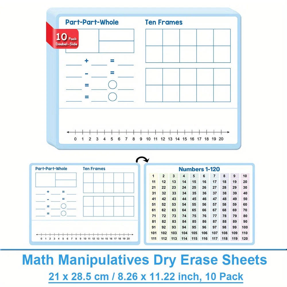 Math Manipulatives Dry Erase Sheets featuring Part-Part-Whole and Ten Frames for teaching numbers 1-120