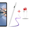 A white precision stylus pen next to an iPad and a charging cable with a gift box icon.