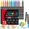 A box of 12 acrylic brush markers in various colors and tips, showing different paint pens for DIY crafts.