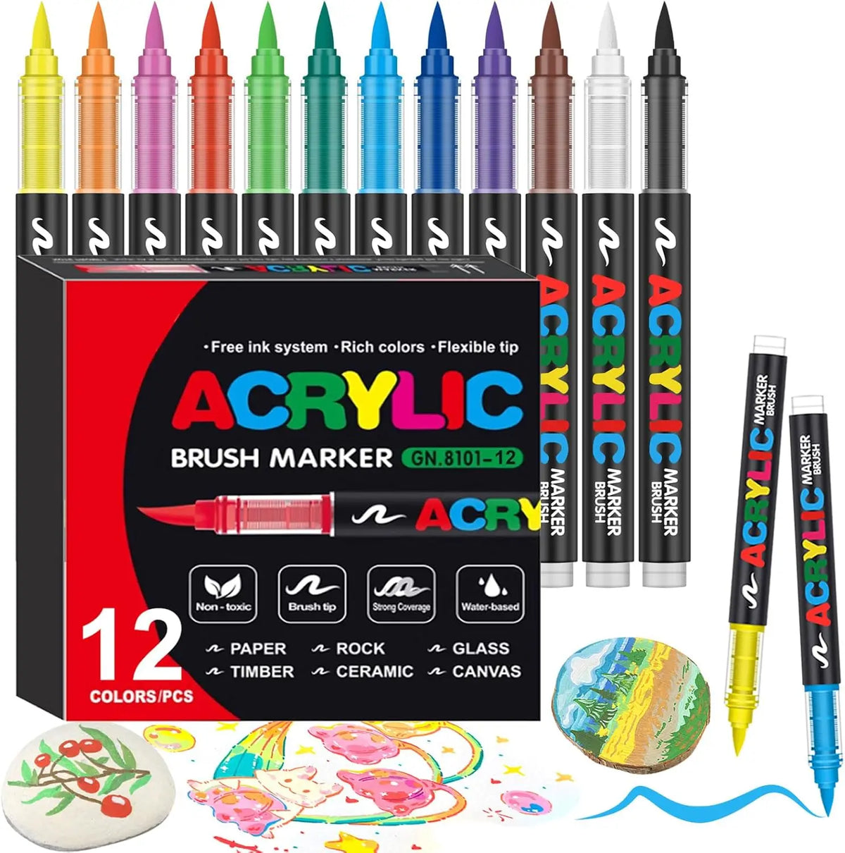 A box of 12 acrylic brush markers in various colors and tips, showing different paint pens for DIY crafts.