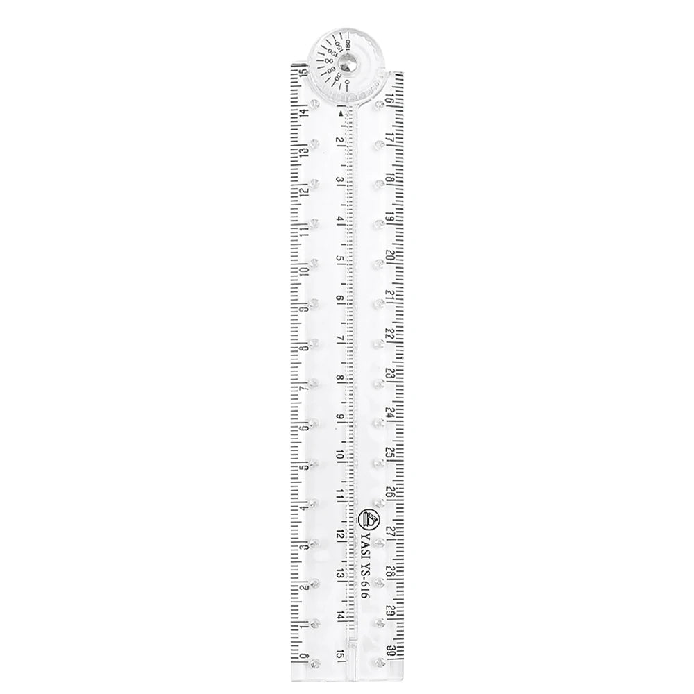 A clear acrylic geometry ruler set with markings and a circular protractor tool.