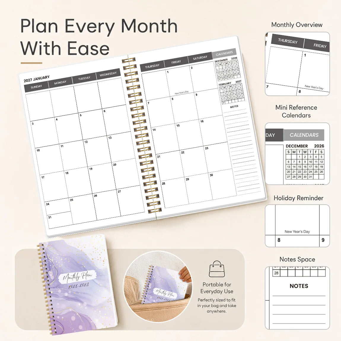 A planner showing a monthly calendar layout, a mini reference calendar, and notes space, with a purple marble design.