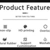 Product features list including non-slip, HD printing, overlock, natural rubber, support customization, and washable.