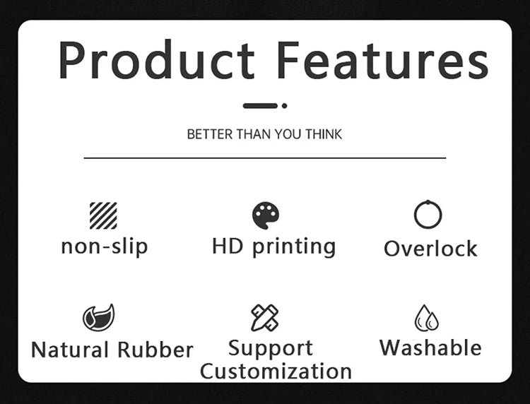 Product features list including non-slip, HD printing, overlock, natural rubber, support customization, and washable.