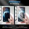 A hand holds an iPhone displaying an anti-glare screen protector, contrasting it with a common screen protector.