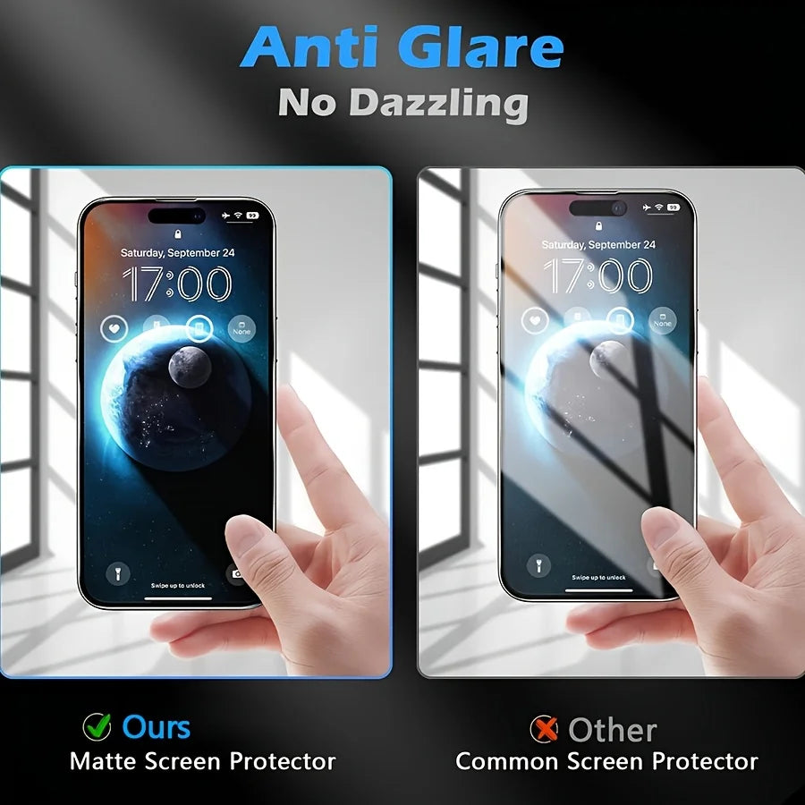 A hand holds an iPhone displaying an anti-glare screen protector, contrasting it with a common screen protector.