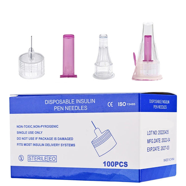 A box of 100 disposable insulin pen needles shown with individual needles and packaging components.