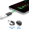 A white adapter connects a Micro USB male connector to a USB C female connector for charging and data sync.