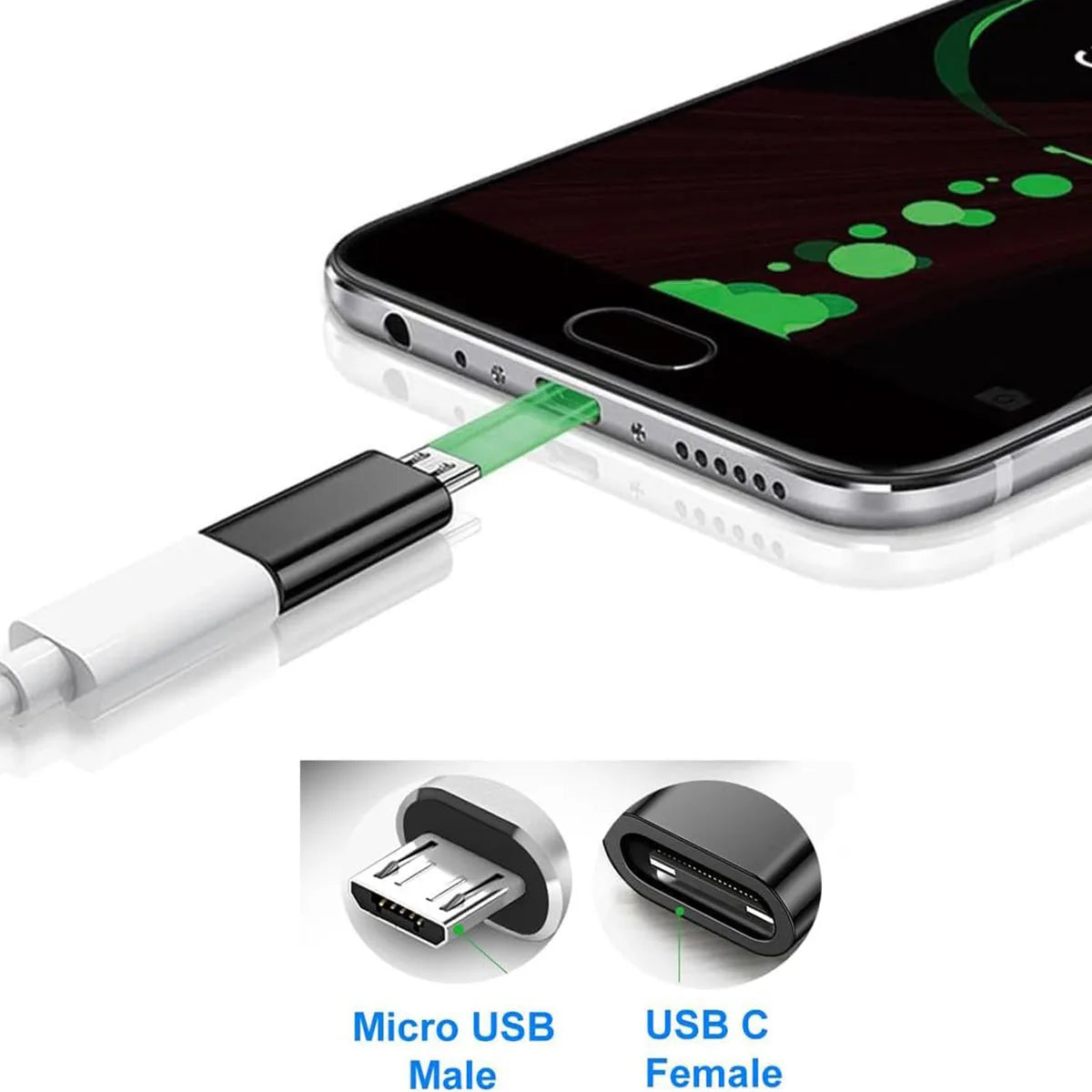 A white adapter connects a Micro USB male connector to a USB C female connector for charging and data sync.