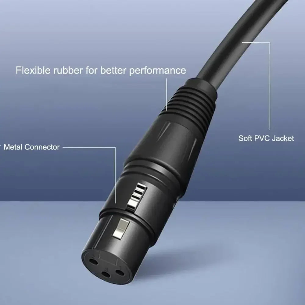 A close-up view of a black shielded XLR audio cable with a flexible rubber jacket and a metal connector.