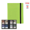A lime green 4-grids binder album with a black closure, showing an open view of the interior.