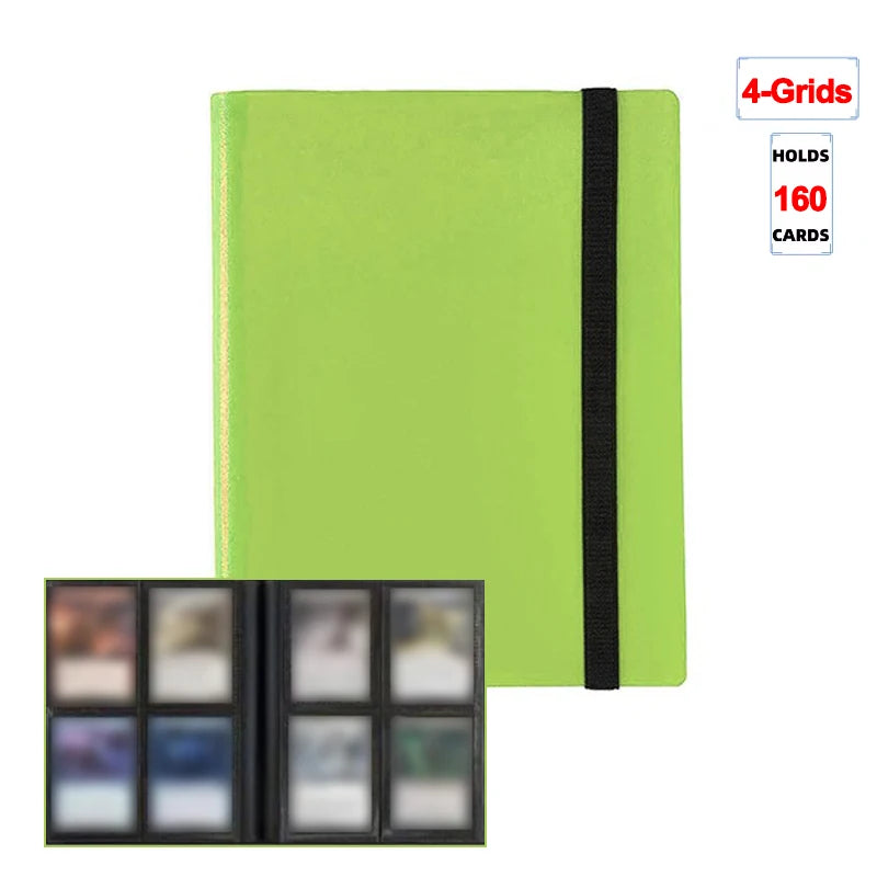 A lime green 4-grids binder album with a black closure, showing an open view of the interior.