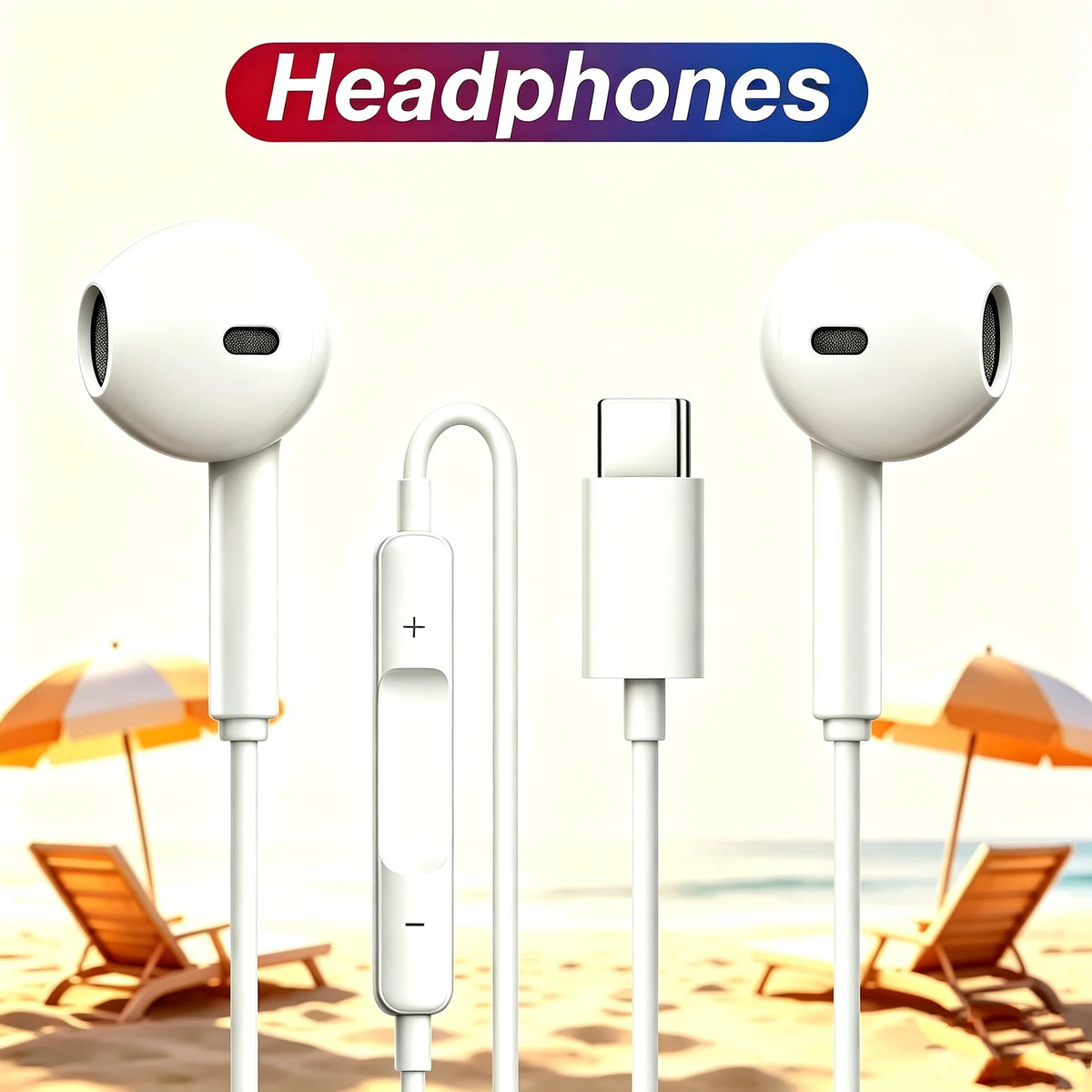 A set of white wired earphones with a detachable connector shown on a beach with sun umbrellas and lounge chairs.