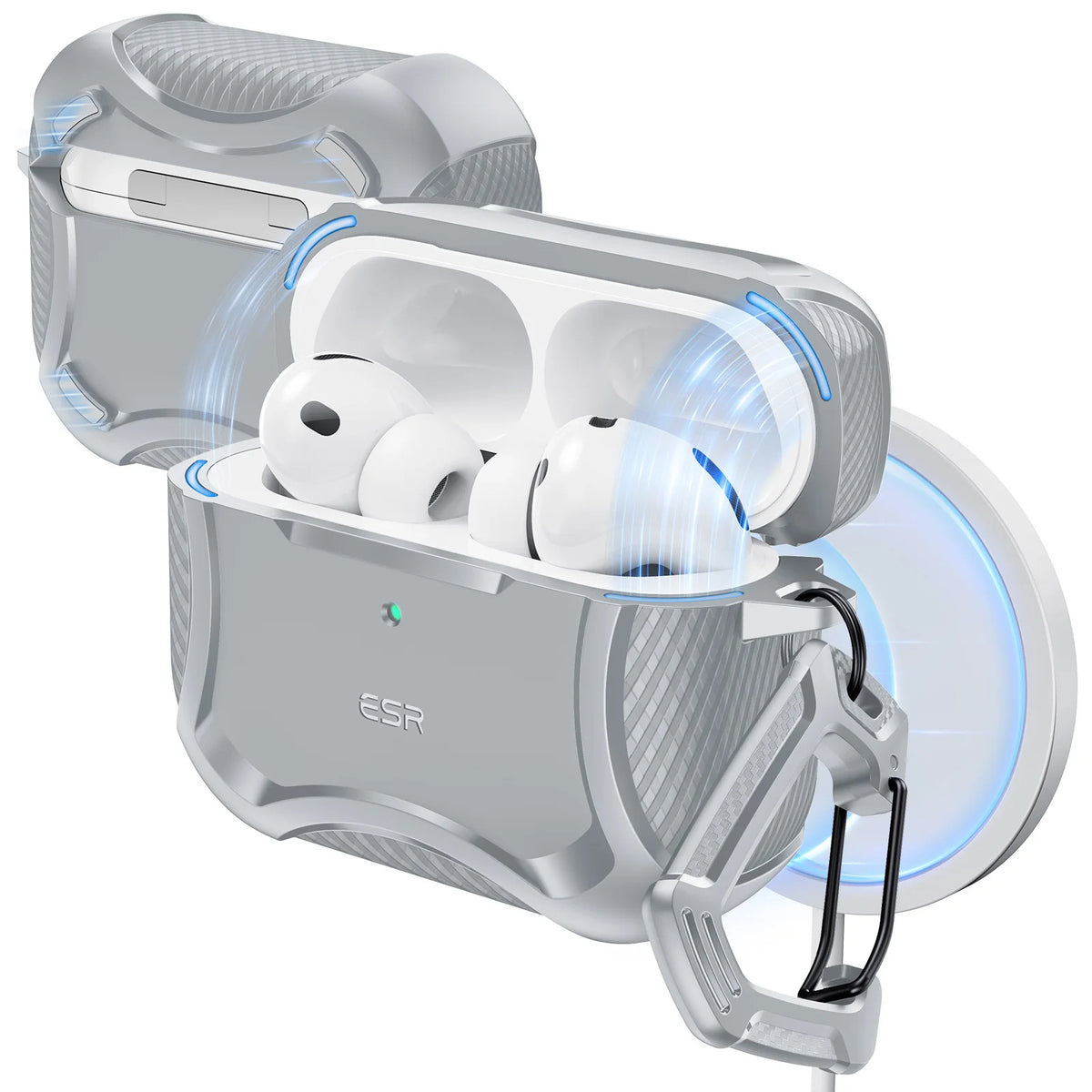 A silver magnetic case for AirPods Pro with three white earbuds inside and a protective outer shell.